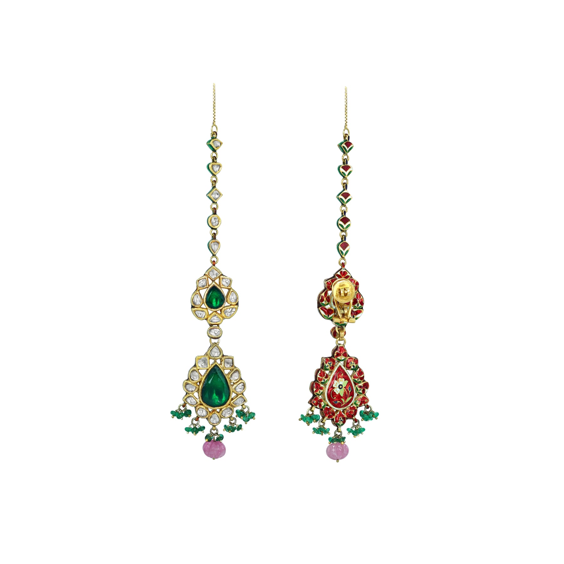 Polki Diamond Necklace Set with Green Stone and Pink Beads
